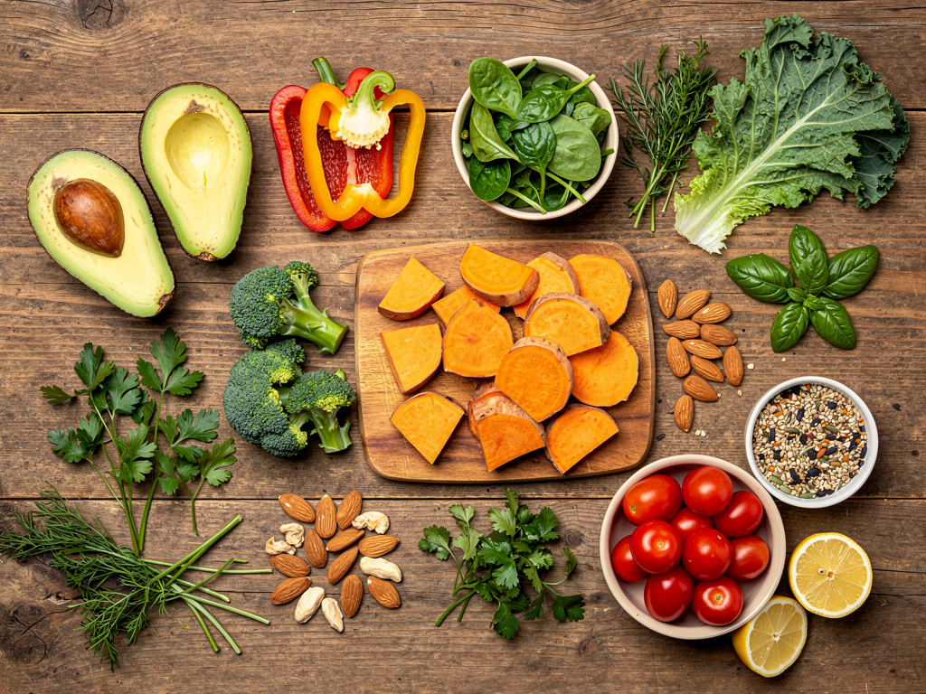 Bunte basische Mahlzeit mit Avocado, Gemüse und Nüssen auf Holztisch