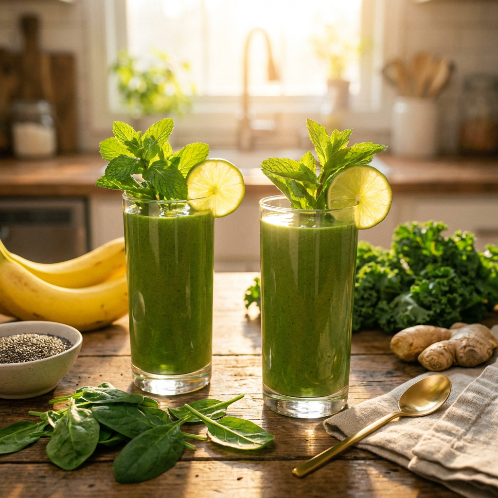 Zwei grüne Detox Smoothies mit frischen Zutaten