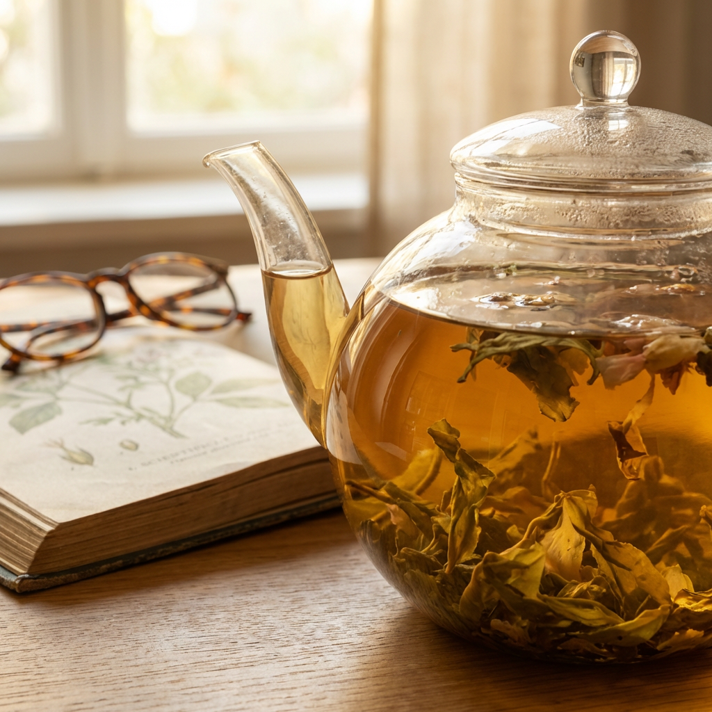 Glas-Teekanne mit blühendem Kräutertee und wissenschaftlicher Zeitschrift