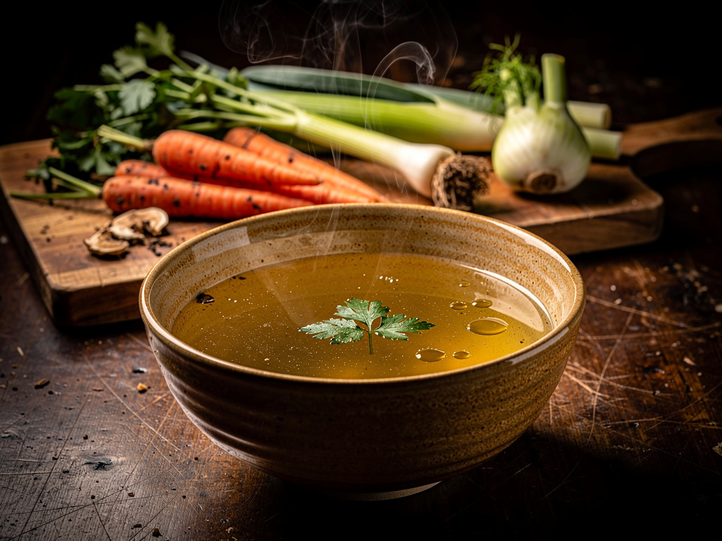 Klare goldene Fastenbrühe in weißer Schüssel mit frischen Kräutern