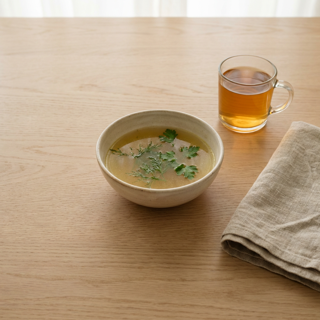 Minimalistisches Stillleben mit goldener Gemüsebrühe und Kräutertee