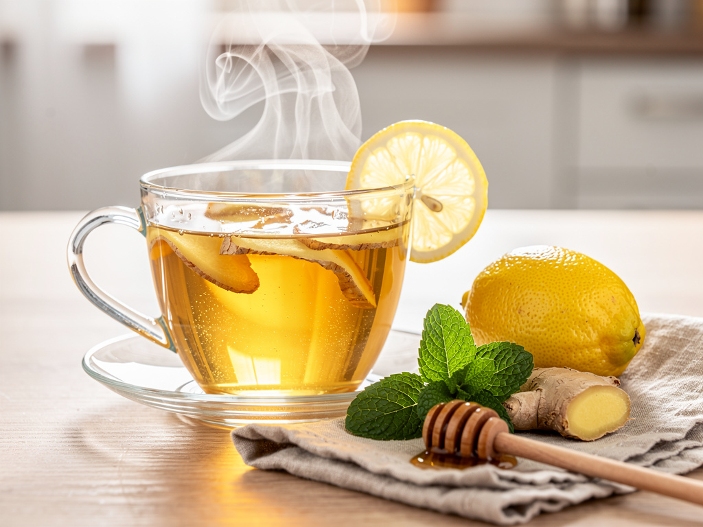 Dampfender Ingwer-Zitronen-Tee in Glastasse mit frischen Ingwerscheiben und Zitrone