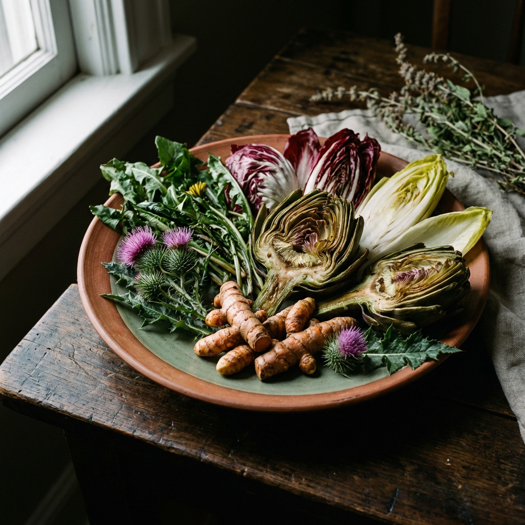 Artischocken, Kurkuma und Mariendistel auf rustikalem Keramikteller